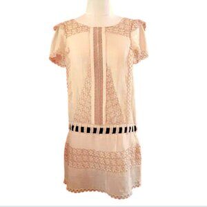 BCBG Maxazria Runway Tan  Beige Lace Semi Sheer Drop Waist Mini Dress Size Small